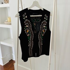 LEATHER Zara Black Vest with Floral Embroidery